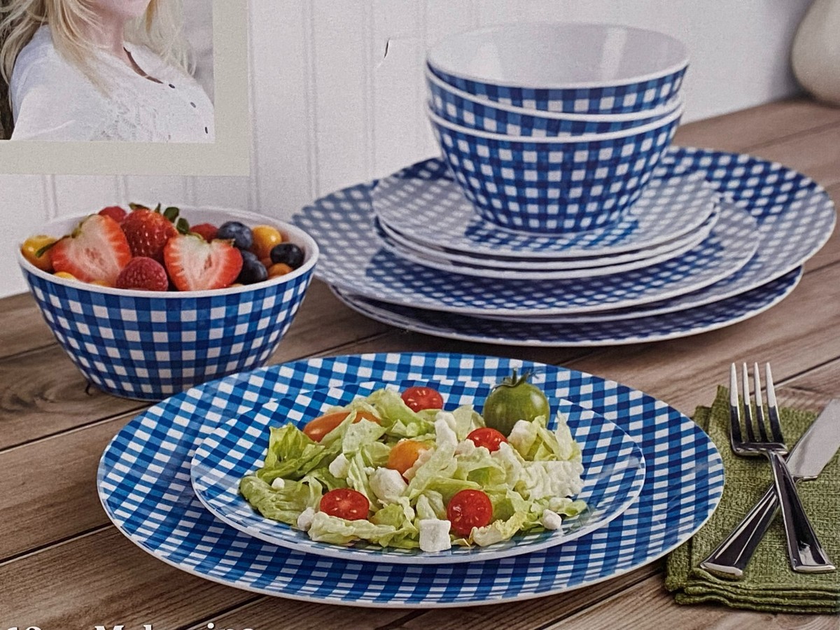 NEW DOLLY PARTON TABLETOPS UNLIMITED BLUE GINGHAM 12 PC MELAMINE