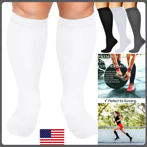S M L XL 2XL Wide Calf Plus Size Compression Socks Women Men 15-20mmHg Unisex - Picture 1 of 29