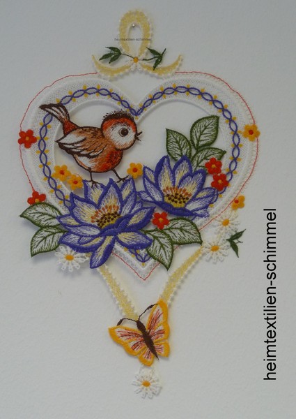 Plauener Spitze ® Fensterbild FrÜHling Fensterdekoration VÖGel Sommer Blume Herz-image