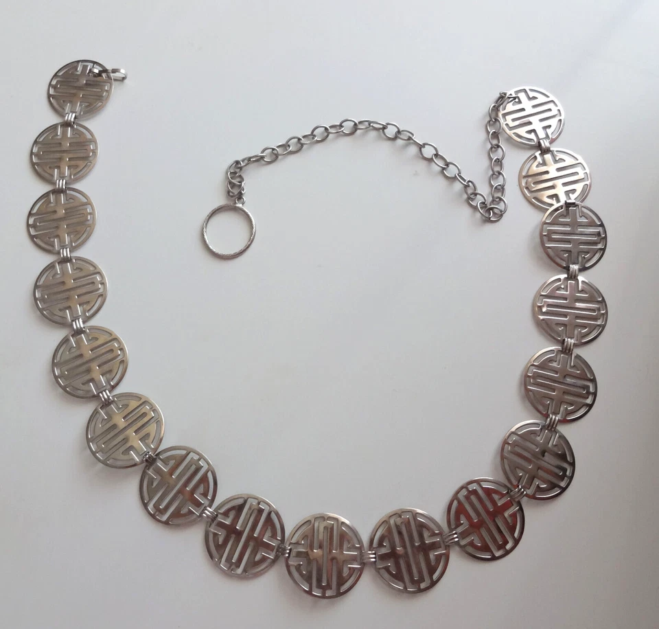 De Colección Shou Simbol Asiático Chino Pasarela Tono Plata Collar Grueso Cadena Cinturón 40" Foto 4 de 4