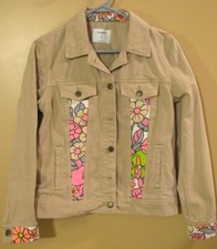 Upcycled Tan Denim Jacket w/ Vintage Floral Print Pink Gray Green Womens Sz Med