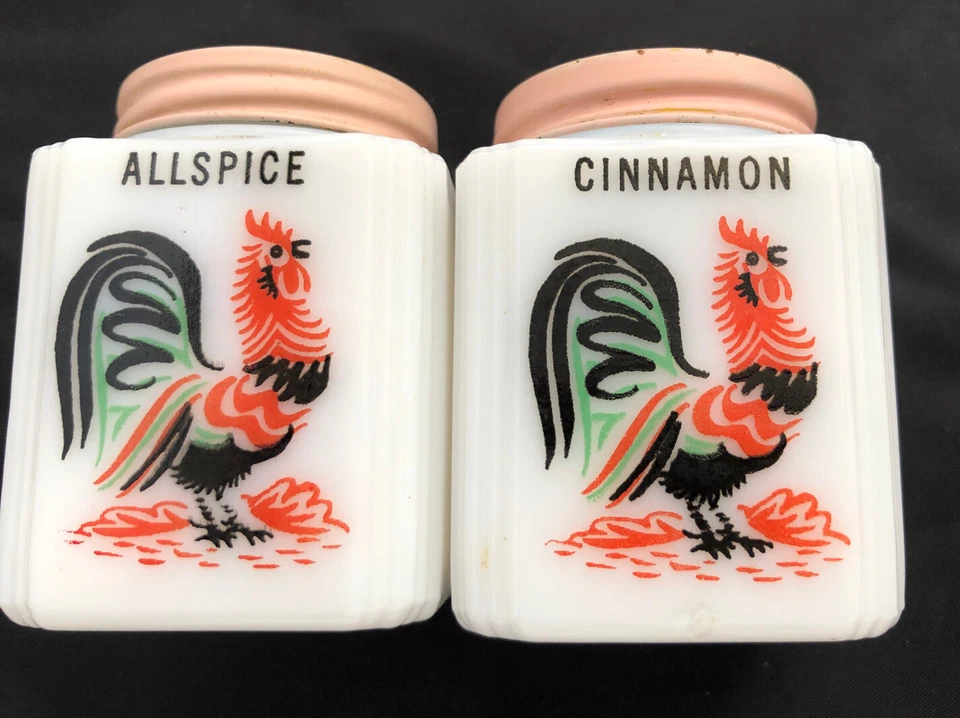 Lote/Juego de 8 cocteleras McKee Tipp City blanco vidrio leche gallo tarro especias vintage Foto 4 de 4