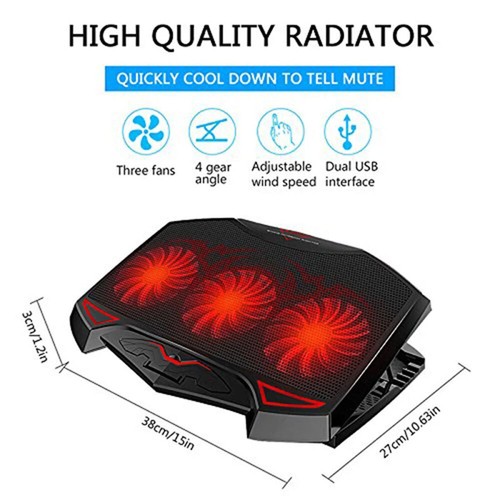 3 Powerful Fans Quiet Laptop Cooler Gaming Cooling Mat Pad Stand Tilt for 12-17" - Afbeelding 11 van 12