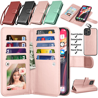 For iPhone 15 14 13 12 Pro Max XR SE 7 8 Leather Wallet Card Holder Stand Case