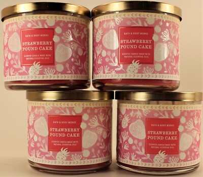 QTY 4 x Bath & Body Works STRAWBERRY POUND CAKE 3 Wick 14.5 Oz Scented Candle
