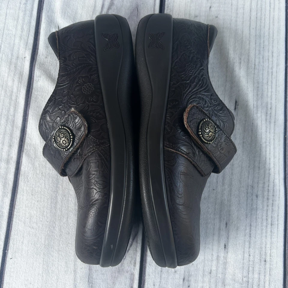 Zuecos cómodos de cuero ALEGRIA Mary Jane marrón floral cachemira talla 39 EU (8,5 EE. UU.) Foto 4 de 4