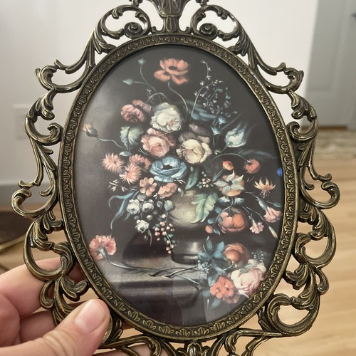 Vintage Brass Oval Ornate Convex Flowers roses Picture Frame Made In Italy - Picture 4 of 9