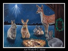 Rabbit Bunny Baby Fawn Deer Xmas Star Forest ACEO Limited Edition Mini Art Print