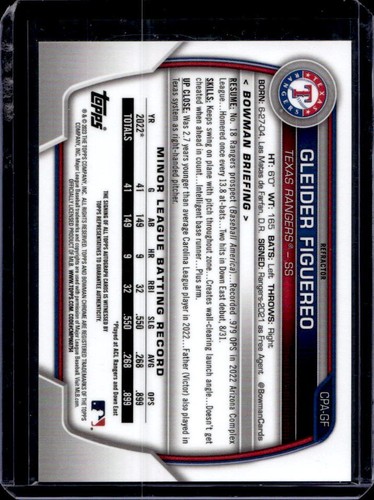 2023 Bowman Gleider Figuereo 1st Chrome Prospect Refractor Auto #203/499 Rangers - Picture 2 of 2