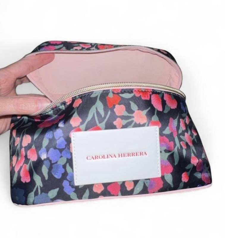 Carolina Herrera Floral Zipper Makeup Bag Multicolor/Pink 9x5x3 in