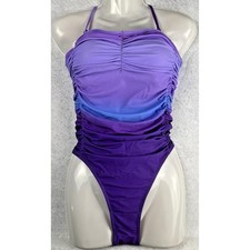 Womens Medium Purple Ombre Ruched High Cut One Piece Swimsuit NWT