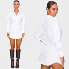 PrettyLittleThing White Fitted Waist Long Sleeve Button Shirt Dress Women 12 NWT
