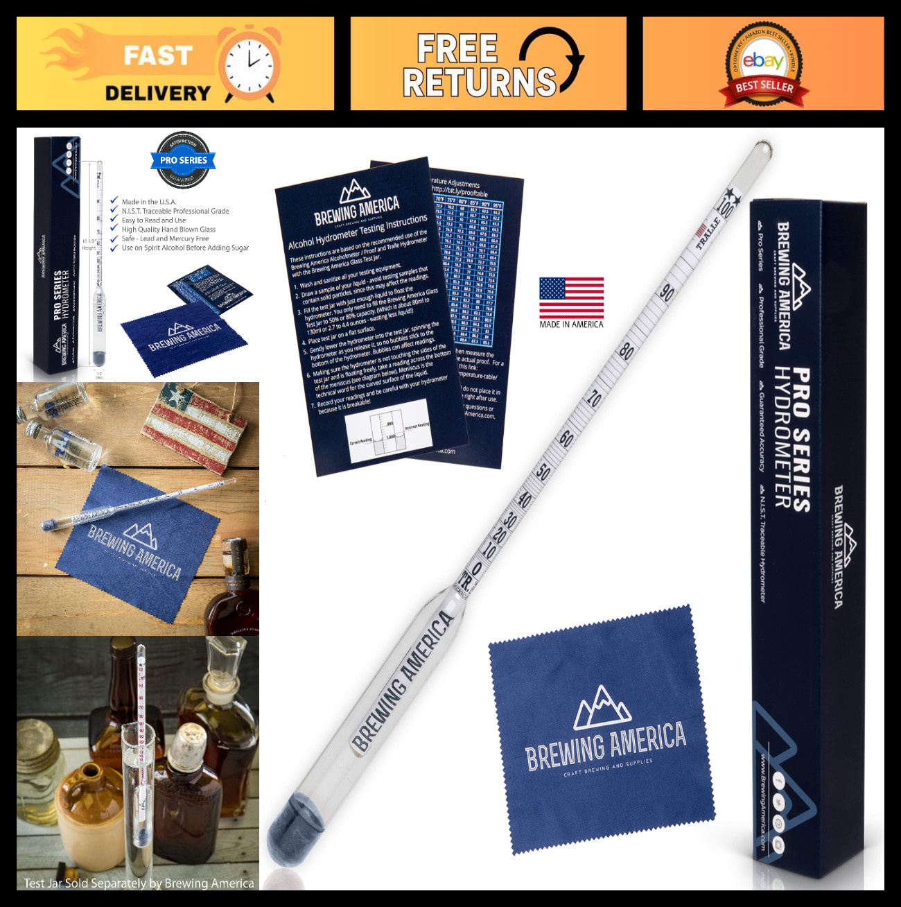 Alcohol Hydrometer Tester 0-200 Proof - Distilling Moonshine Alcohol Meter, Trac