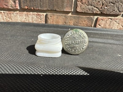 Miniature Colgate s Charmis Cold Cream Milk Glass Jar White Embossed Lid Empty