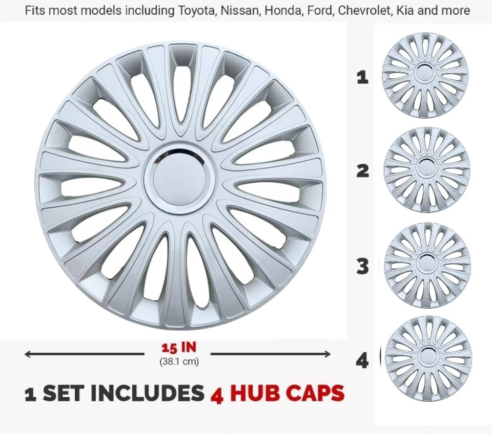 15" inch Hubcaps For Nissan Sentra 2005-2015 Wheel Rim Covers Snap On Silver - Изображение 2 из 4