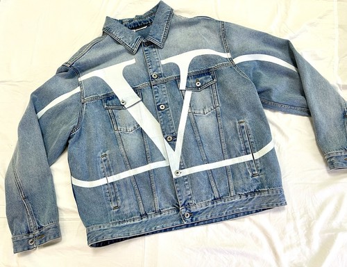 Valentino V Printed White Logo Washed Denim Jacket Size 54 New with Tags.