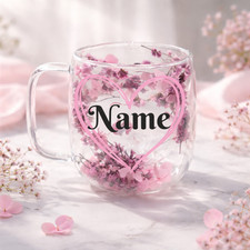 Personalised Floral Glass Mug | Real Pink Dried Flowers | Custom Name Gift 250ml
