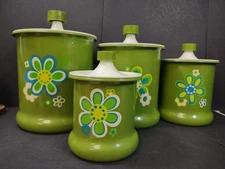 Kromex Green Avocado Flower Aluminum Canisters 1970s Groovy Retro Set Of 4 Green