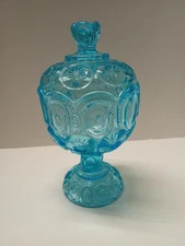 Vintage L.E. Smith Blue Moon & Stars 8" Pedestal Compote Candy Dish With Lid