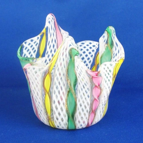 Vintage Murano Venetian Glass Italy Latticino Ribbon Handkerchief 3 1/4" Vase