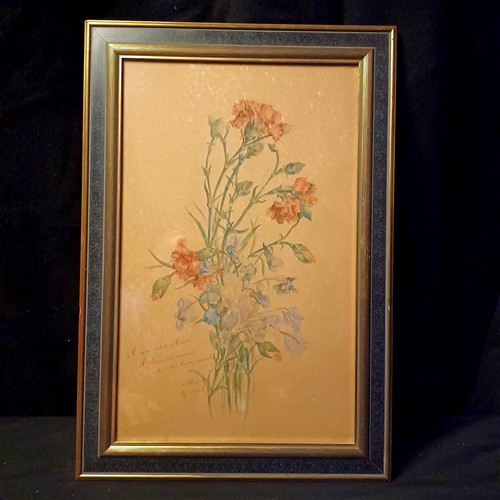 Antique 1903 French Watercolour Painting Flowers Signed Blanche Framed Reims
