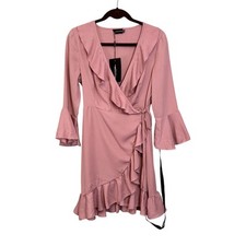 PrettyLittleThing Ilisha Dusty Pink Frill Tea Mini Dress 6 Wrap Ruffle Bell NWT