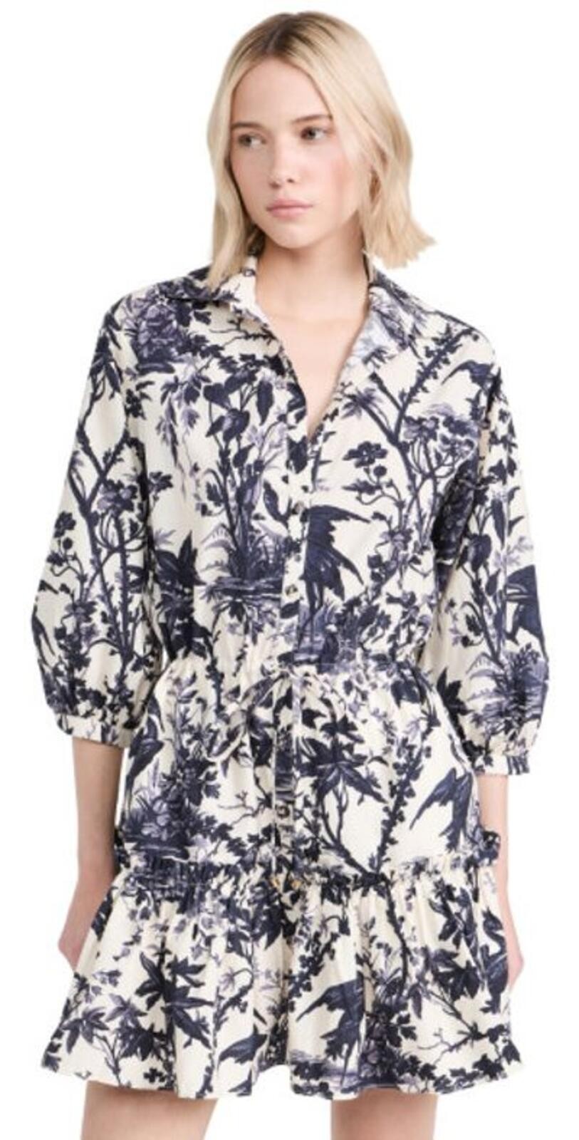 Cara Cara Navy Blue and Cream ‘Robyn’Floral Print Dress with Ruffle Hem