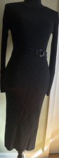 Michael Kors Black Ribbed Long-Sleeve Belted Midi Dress