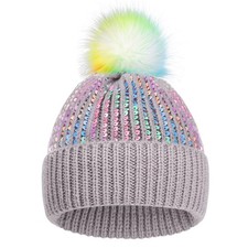 KDVOG Kids Winter Knit Hat with Pompom - Sparkly 7-14 Years, Sequin-gray