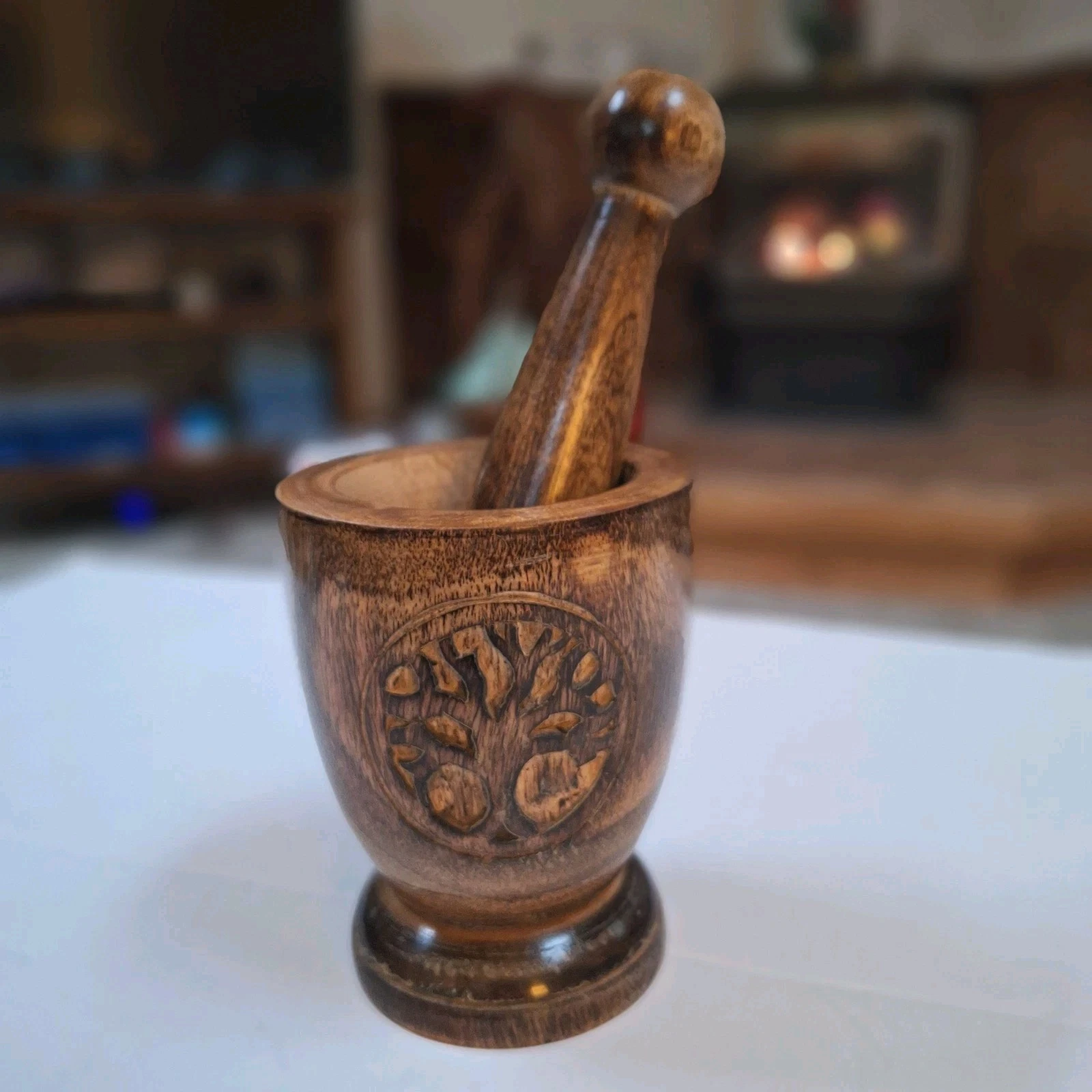 Wooden Mortar and Pestle Hand Carved TREE of LIFE Imported