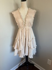 Free People Antoinette Plunge V-Neck Tiered Dress Pebble Beige Bells Boho Small