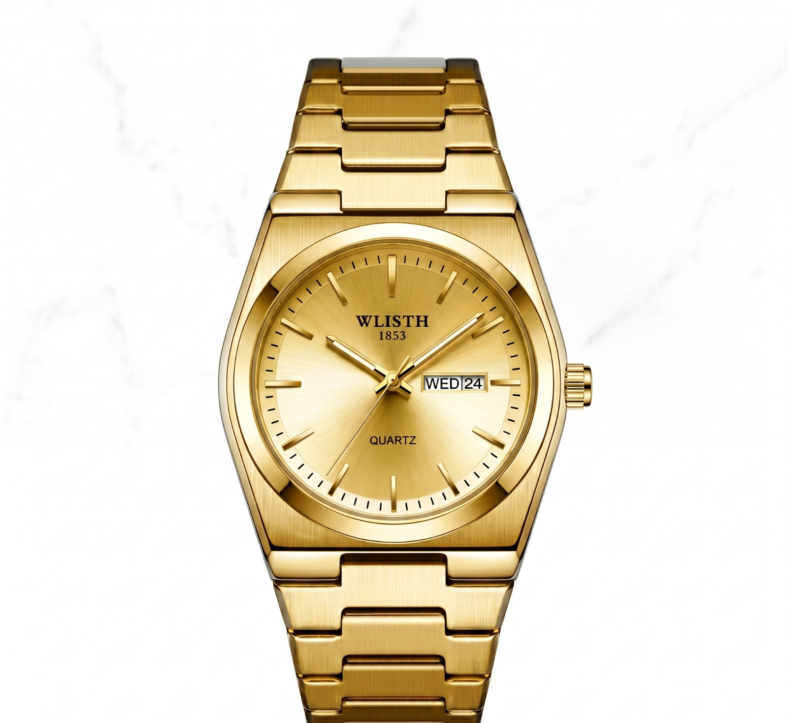 Montre homme quartz en acier inoxydable or avec date et cadran lumineux