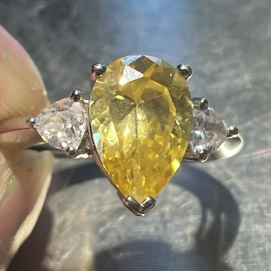 NVC vintage  Pear Yellow Diamond 3-Stone Prong Set Ring Size 7
