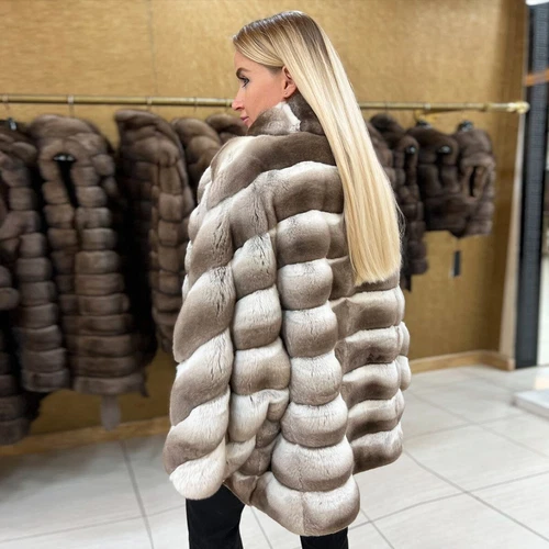 2025 cincillà vera pelliccia di coniglio rex cappotto medio lungo donna inverno lusso - Foto 3 di 5