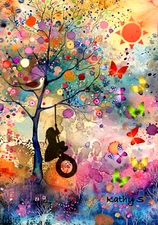 Girl On Tire Swing ACEO - Whimsical Artist Trading Card, Summer Theme 2.5x3.5