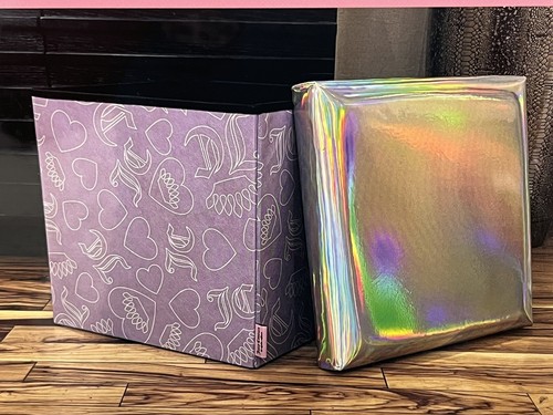 Juicy Couture 15x15x15 Storage Cube PURPLE Juicy Logo, Crowns W/Chrome Lid NWT - Picture 2 of 5