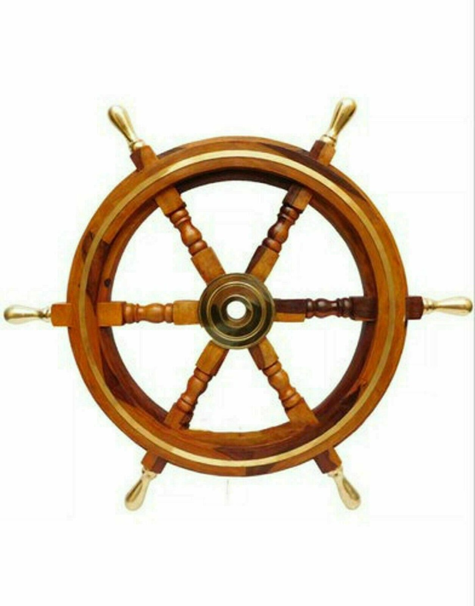 Captain Boat Pirate Brass Six Spoke Ship 18'' Wheel Wooden Stripe