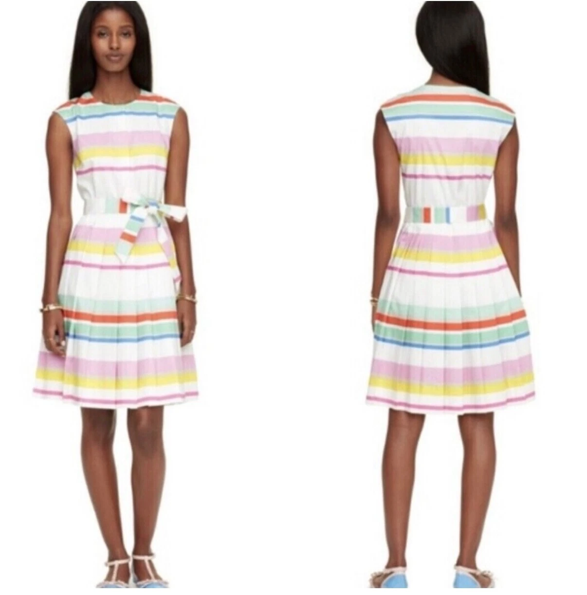 Camicia Kate Spade multi mantello righe donna taglia 4 senza maniche plissettata cravatta midi