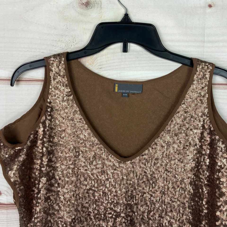 Jeans By Buffalo Top Women S Brown Sequin Tank V-Neck Cold Shoulder Short Sleeve - Image 2 of 4