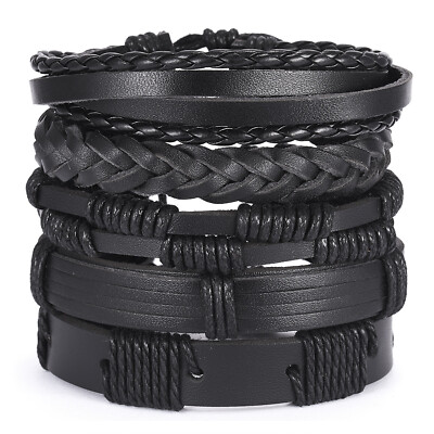 Men's Leather Bracelet Surfer Wide Multi Row Layer Stack Wristband Wrap  Stacker Australia