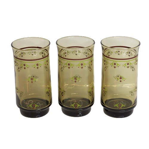 VTG Set of 3 Amber Brown Glass 1980s Floral Glasses Green Maroon Flowers 5.5"