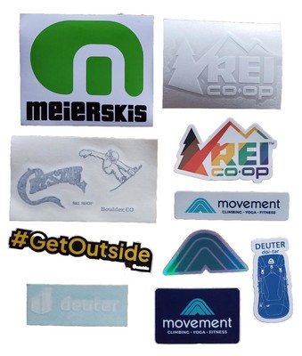 10x Outdoor Stickers Ski Rock Climb Hike Mixed Lot Deuter Meier REI Co-oP Camp