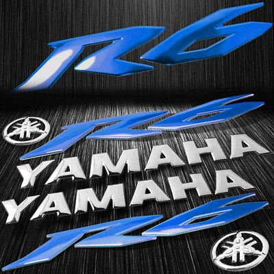 6-Piece Chrome 3D Vinyl Decal Set – YZF-R6/R6S/600 Emblems & Lettering + Blue Fairing Stickers