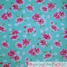 BonEful Fabric FQ Cotton Quilt Green Leaf Pink White Flower Daisy Spring Easter