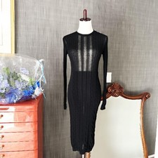 CHANEL Bijou Button Knit Dress Black Long Sleeve Rayon Size 34 Rare SR2186