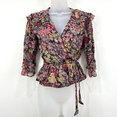 Polo Ralph Lauren Ruffle Wrap Blouse Women's XS Floral Peasant Whimsical Fairy