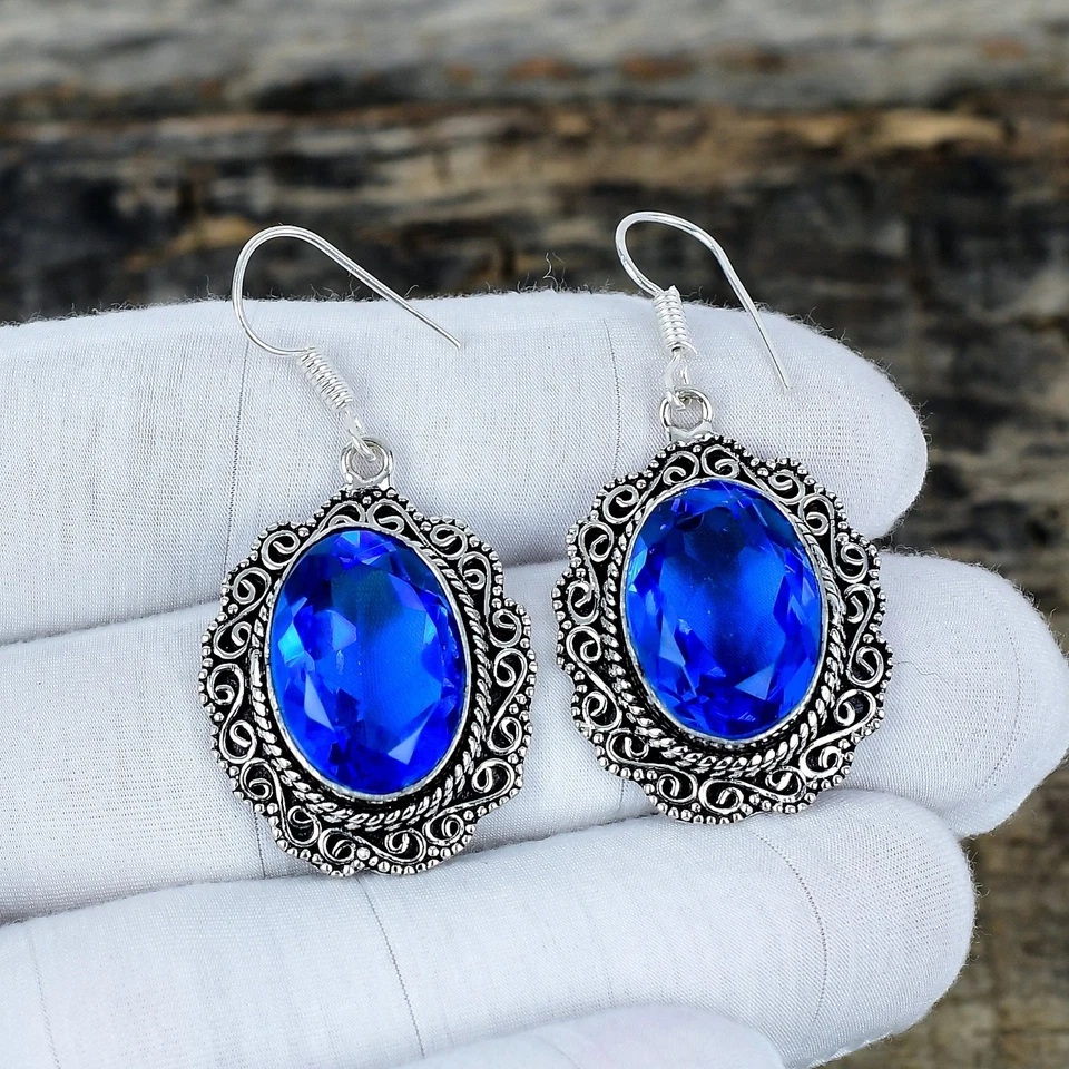 Orecchini In Argento Sterling 925 Con Gemma London Blue Topaz Regali D'Amore - Immagine 2 di 4