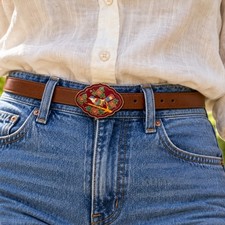 Vtg Cloisonne Belt Buckle Cobalt Red Bird Floral Enamel Gold Tone Scalloped 3"