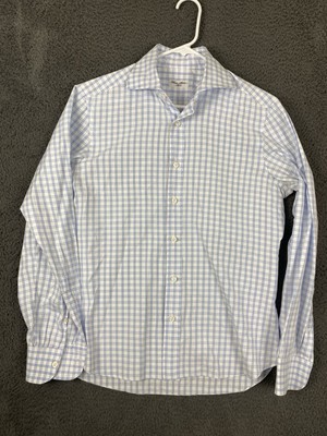Cesare Attolini Napoli Blue Check Plaid Button Up Shirt Italy 43.5 In Chest