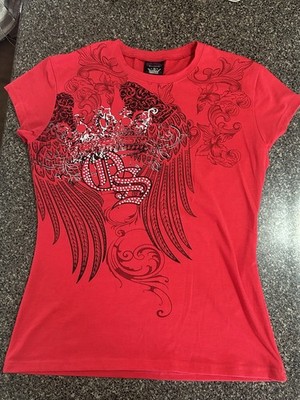 Old Skool Women's Red XL Cotton Graphic Print Rhinestone Cap Sleeve Tee